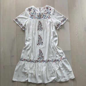 Lined White Flutter Sleeve Embroidered Dress